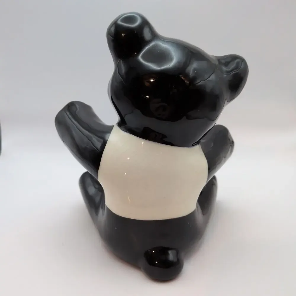Vintage 1950s Black and White Ceramic Bear Figurine Heart Nose 6.15in
